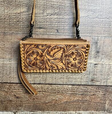 American Darling Tooled Leather Wallet Crossbody with Strap - Tan, Dark Brown