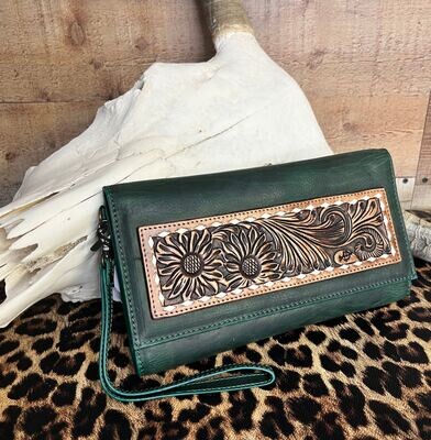 American Darling Teal Green Leather Clutch Wristlet with Tooled Leather