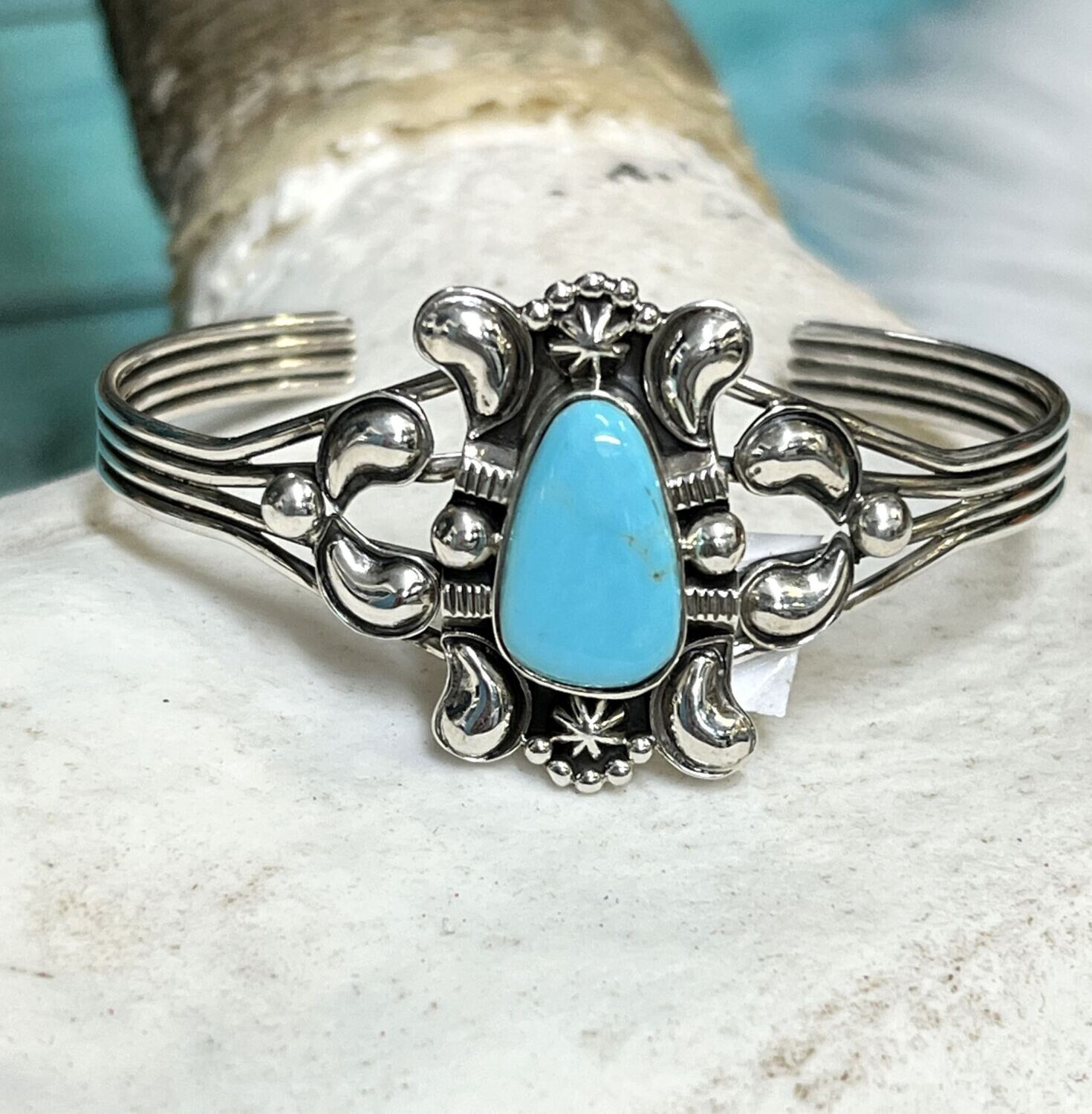 Navajo Sterling Silver Cuff with Turquoise by  Artist Jerome Lee