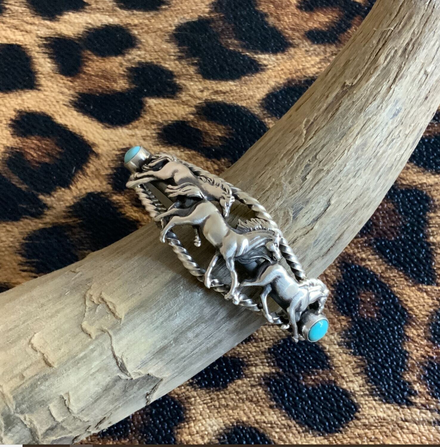 Navajo Sterling Silver Horses Cuff Bracelet with Turquoise - Regular