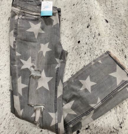 Star Print Distressed Washed Denim Pants - L