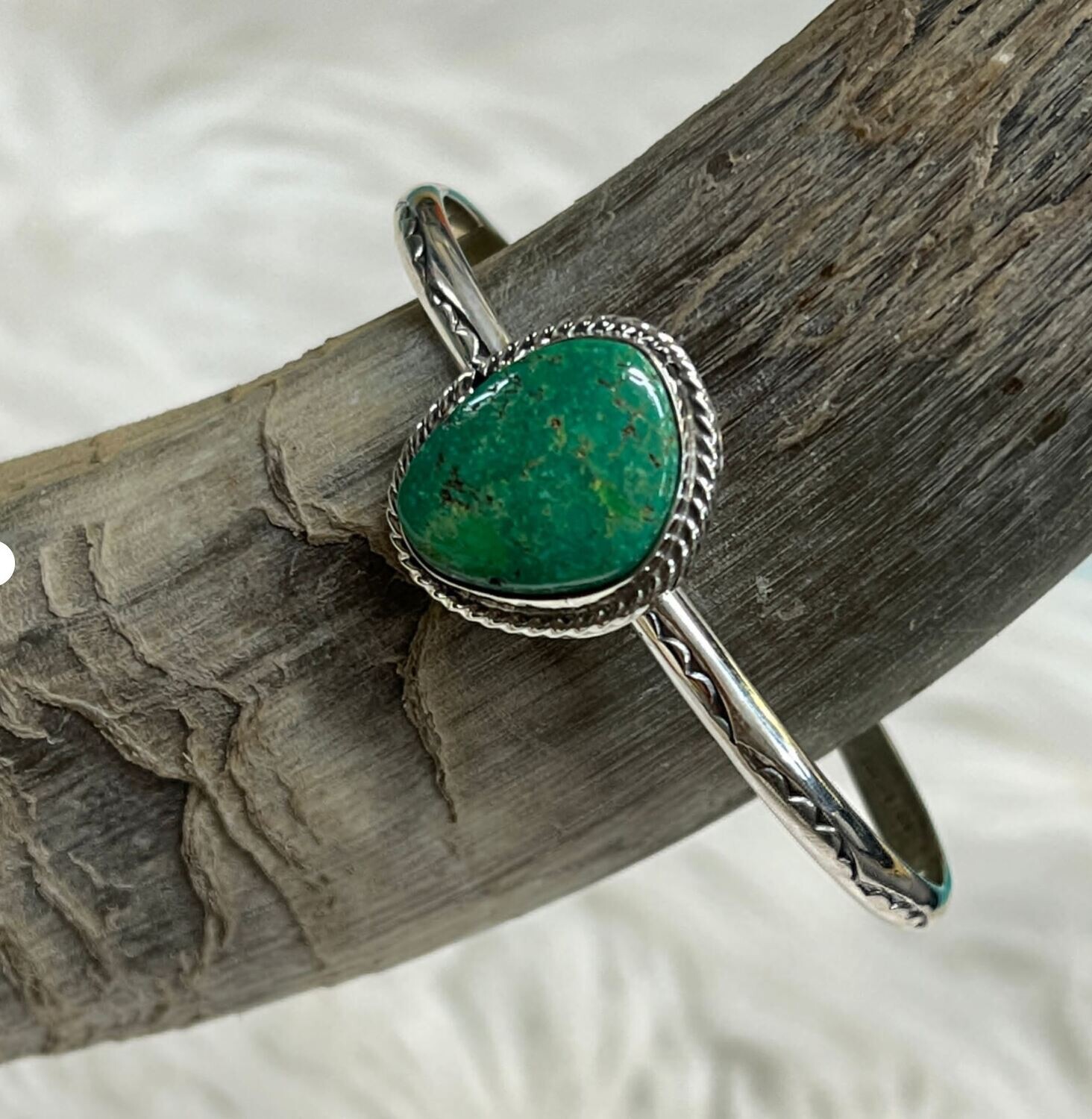 Navajo Sterling Silver Cuff with Turquoise Stone by Suzanna Johnson - 4