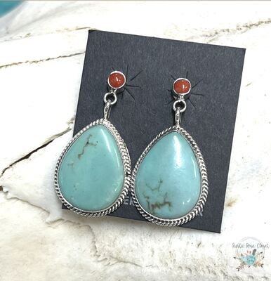 Navajo Turquoise Earrings with Coral & Sterling Silver by Verley Betone - Regular