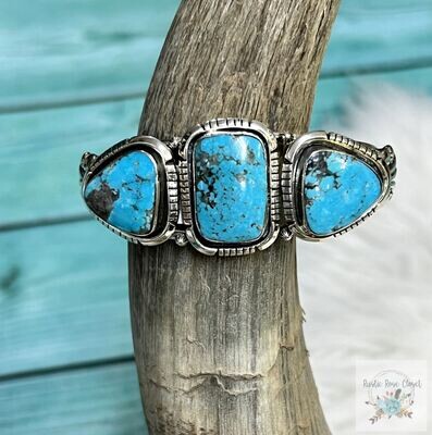 Navajo Turquoise Triple Stone Sterling Silver Cuff Bracelet - Regular