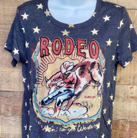 Rodeo Steer Wrestler Graphic Tee with Rhinestones - M