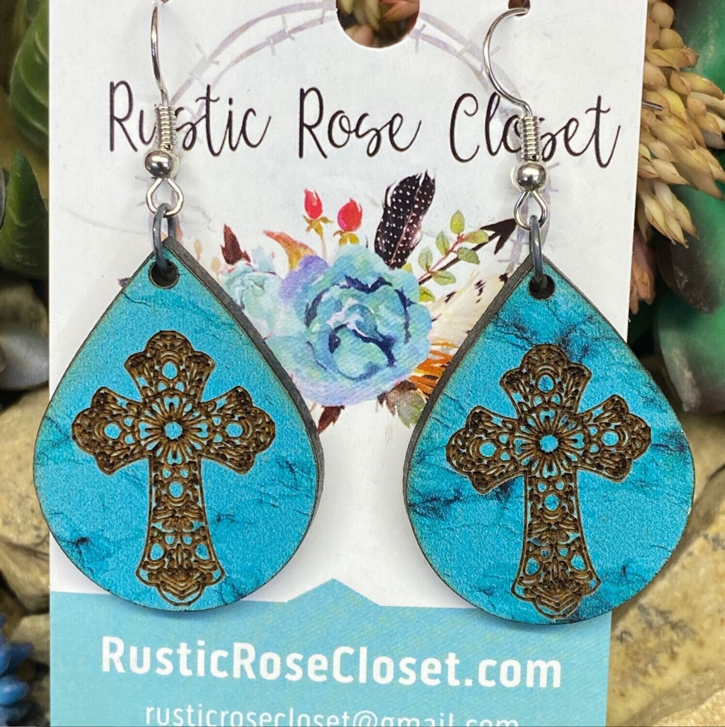 Cross Engraved on Turquoise Marble Wood Teardrop Earrings 