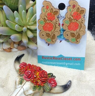 Rose Vine Wood Hand Painted Post Earrings - Regular