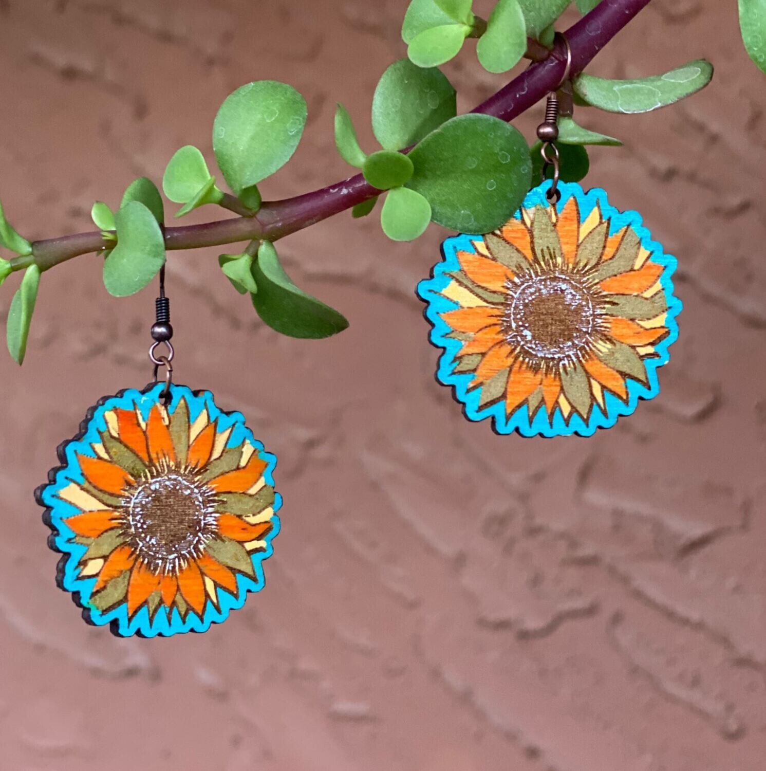 Turquoise Sunflower Wood Earrings - Regular