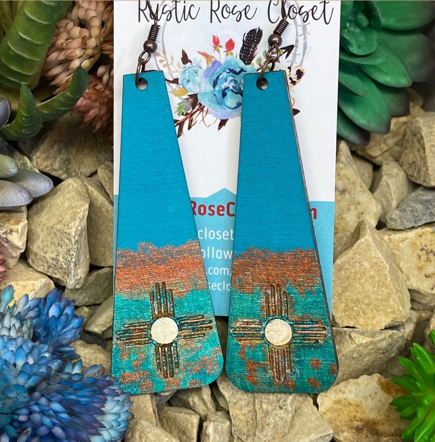 Wood Drop Zia Earrings Teal, Turquoise & Rose Gold 