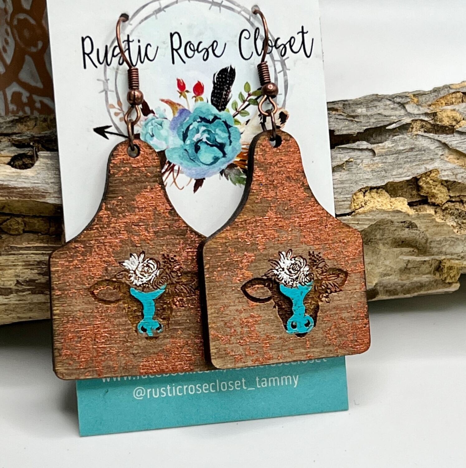 Wood Ear Tag Earrings with Engraved Hand Painted Cows 