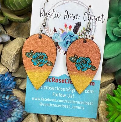 Wood Teardrop Earrings with Roses Hand-painted - Regular