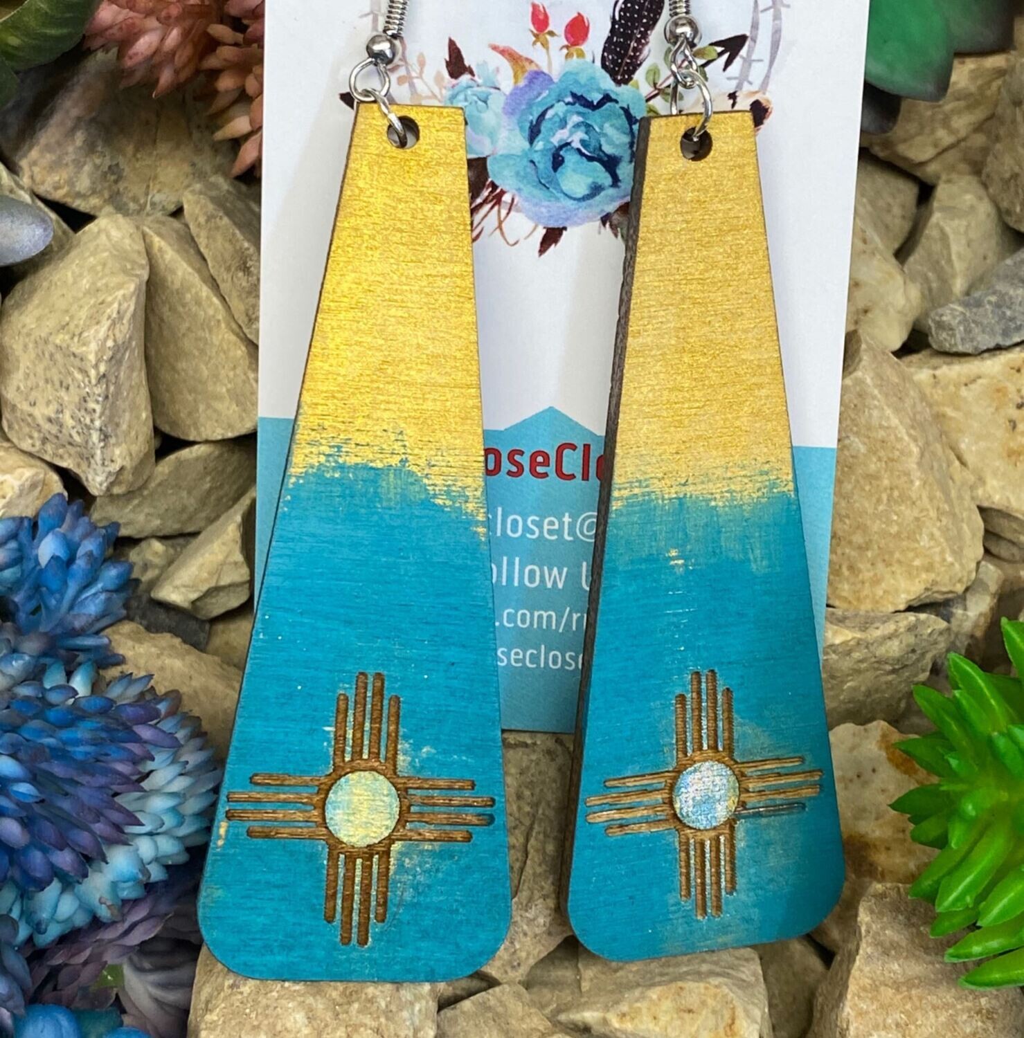 Wood Zia 3 inch Drop Earrings Gold Shimmer & Turquoise 