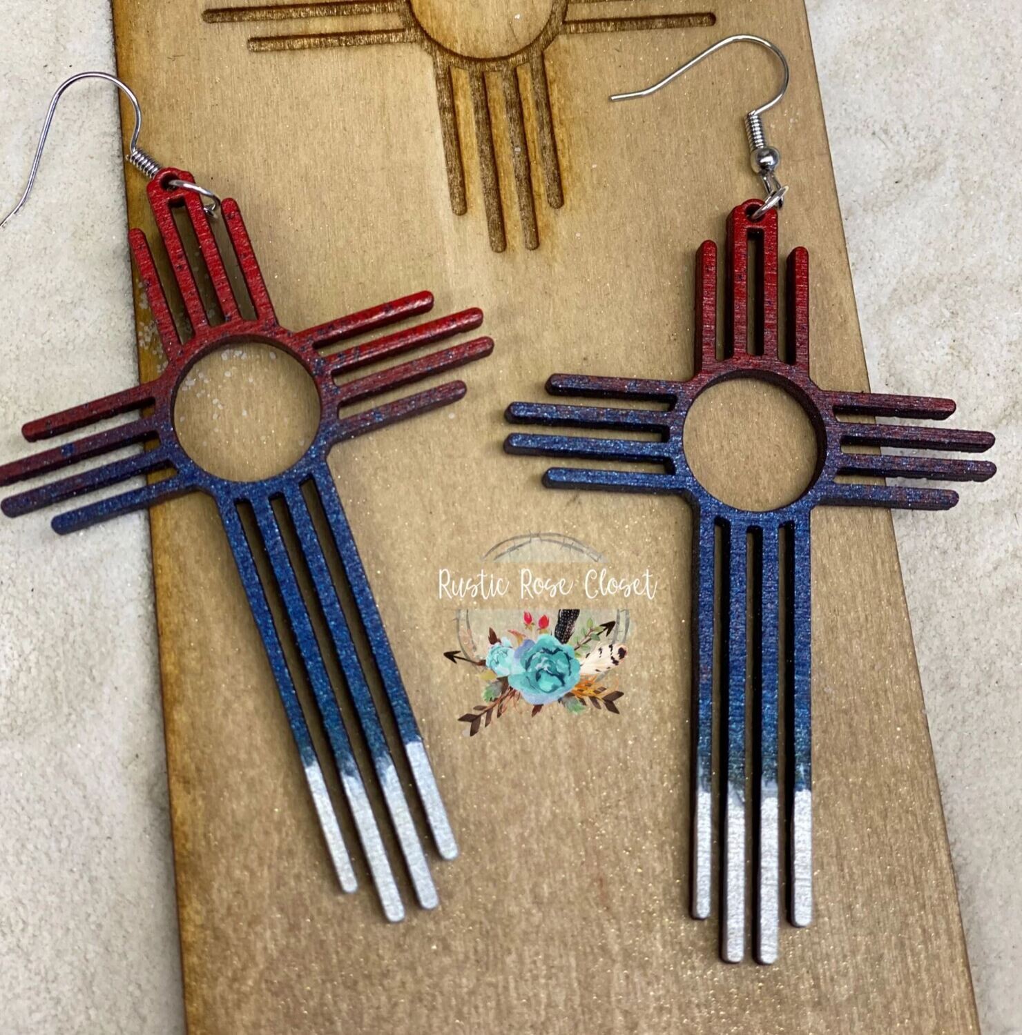 Zia Wood 3” Earrings Red Blue and White - Regular