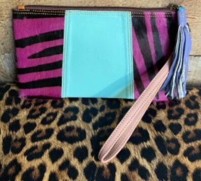 Hide &amp; Leather Wristlet with Tassle - PurpleTiger/Teal