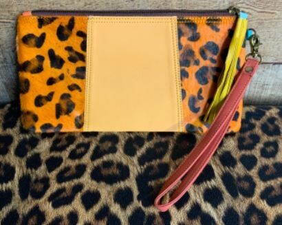 Hide &amp; Leather Wristlet with Tassle - Cheetah/Orange
