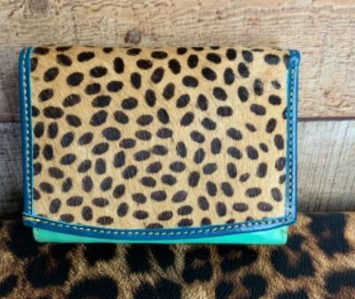 Folding Smaller Wallet with Hide and Leather - Leopard Teal Blue Trim