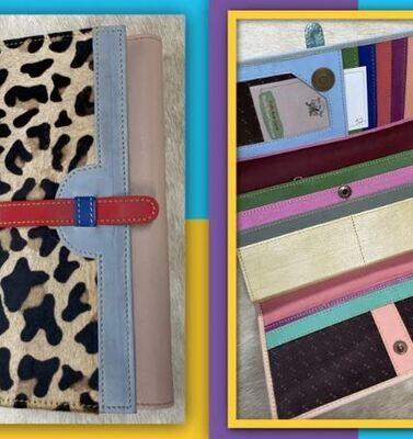 Leather Wallets with Assorted Hair on Hide with Multi Pockets - Leopard/Blue/Pink w Red