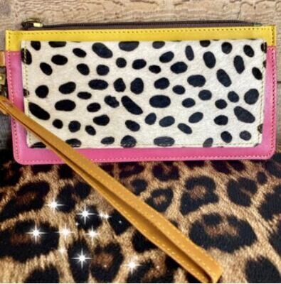 Leather Hide Wristlet Wallets - Cheetah Pink Mustard