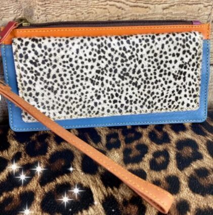 Leather Hide Wristlet Wallets - Small Cheetah Blue Orange