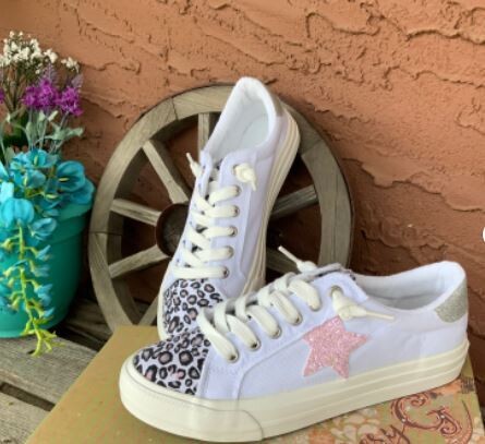 Very G Cosmic White Leopard Glitter Sneakers with a Pink Star - 9