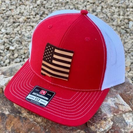 Richardson Red & White 112 SnapBack Hat with Leather Flag Patch in NM Shape - Regular