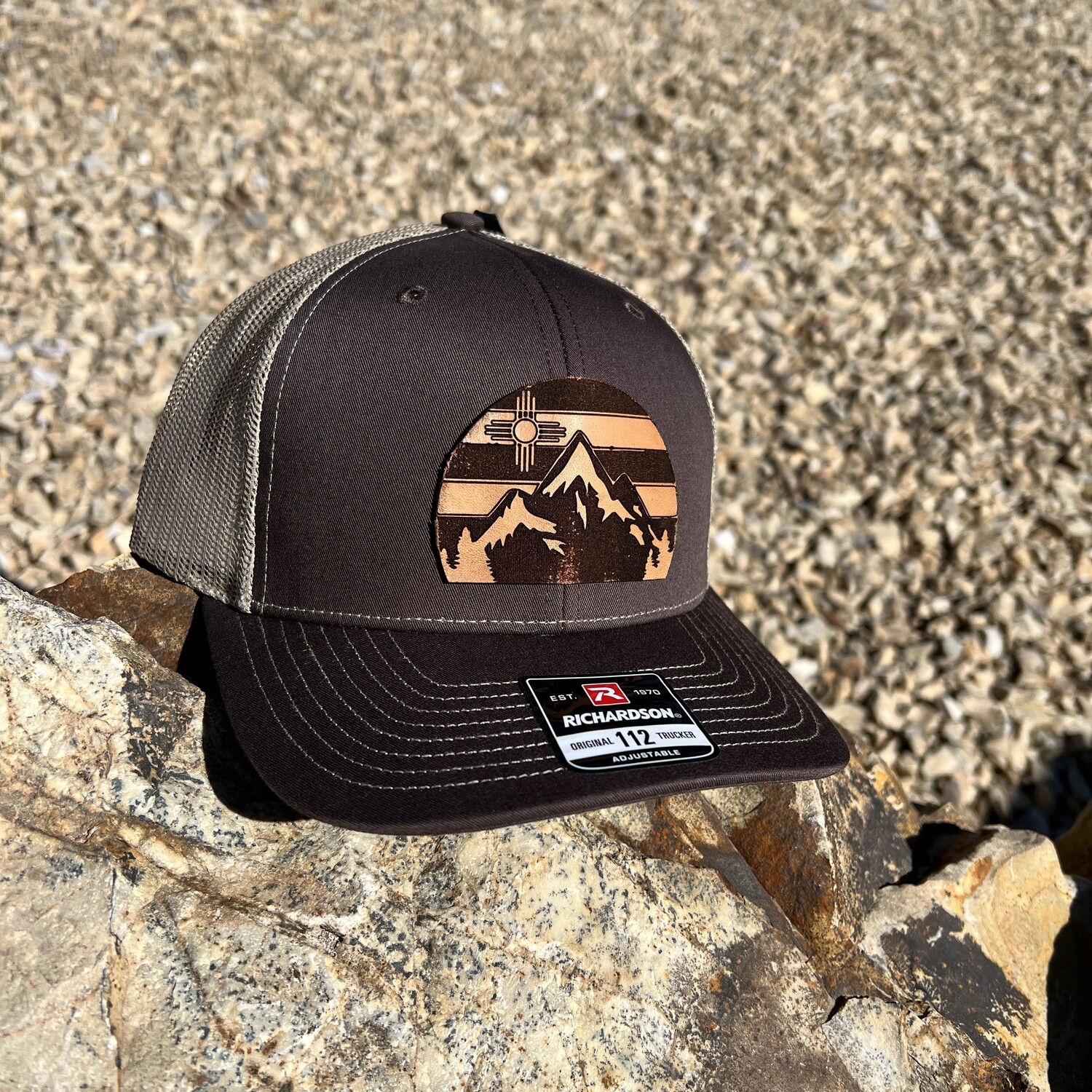 Richardson SnapBack 112 Navy Hat with Leather NM Shape Zia Flag Patch - Regular