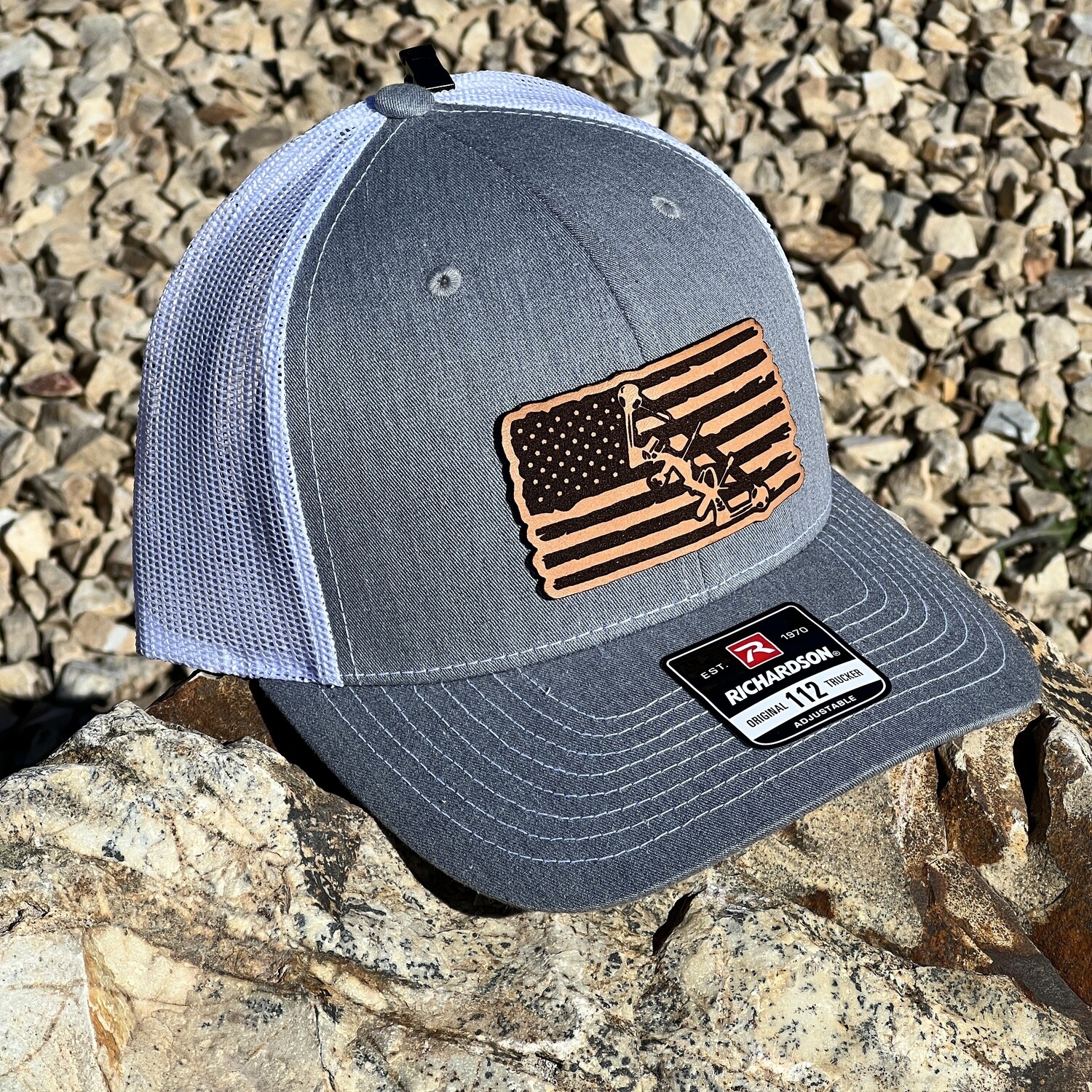 Heather/Gray/White Flag with Bow Leather Patch Richardson SnapBack 112