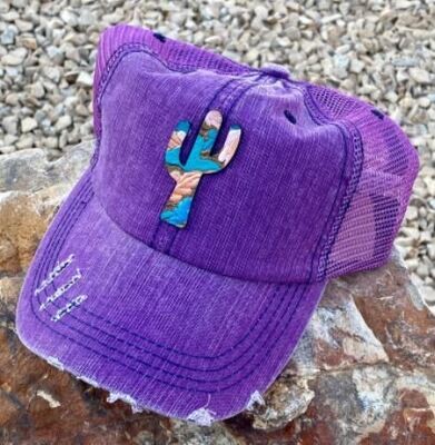 Bright Purple Vintage Ponytail Slit Back Hat with Tooled Leather Painted Cactus Patch - Regular