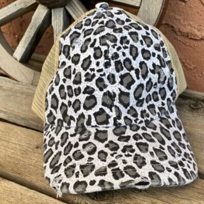 White Leopard Ponytail Hat 