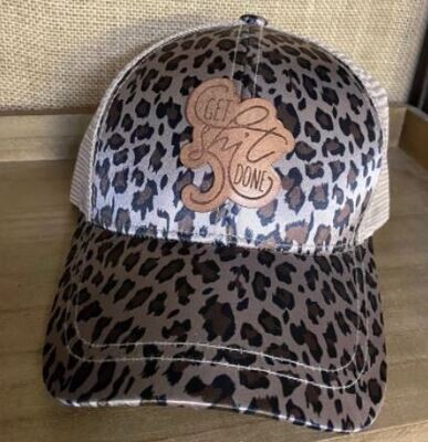 Shiny Leopard Ponytail Hat with Get Shit Done Leather Patch - Regular