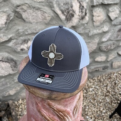Richardson SnapBack 112 Gray & Neon Green with Brown Cowhide Zia Mountain Patch 
