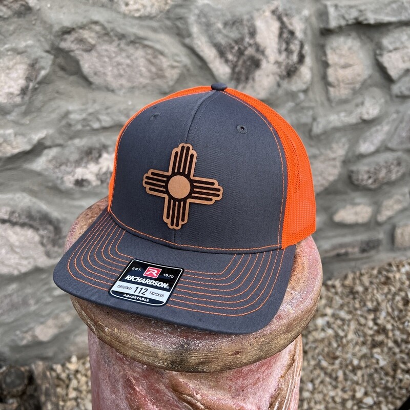 Charcoal/Neon Orange  Zia Patch Leather Patch Richardson Snapback 112