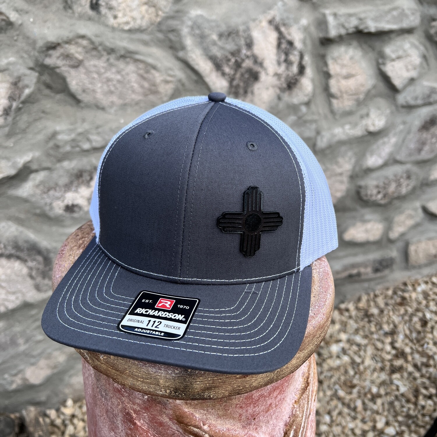 Richardson FlexFit L/XL Gray Navy Hat with NM Zia Flag Leather Patch - Regular