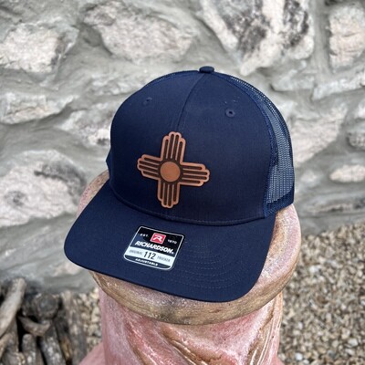 FlexFit L/XL Red Black Richardson Hat with Leather Zia Mountain Patch - Regular