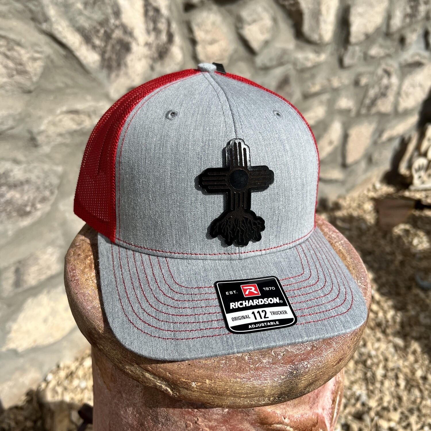 Richardson Snapback 112 Zia Roots Black Leather patch on Heather Gray/Red Hat