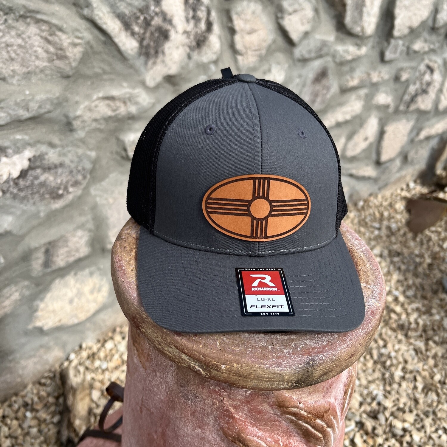 Richardson L/XL Flexfit Khaki Coffee Hat with Leather Zia Mountain Patch 