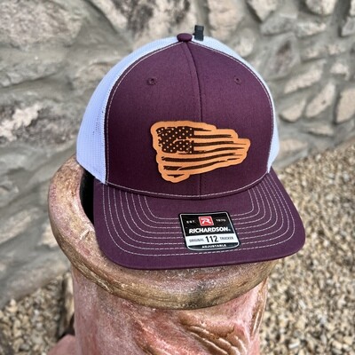 Richardson Snapback 112 With Leather Flag Patch - Maroon/White