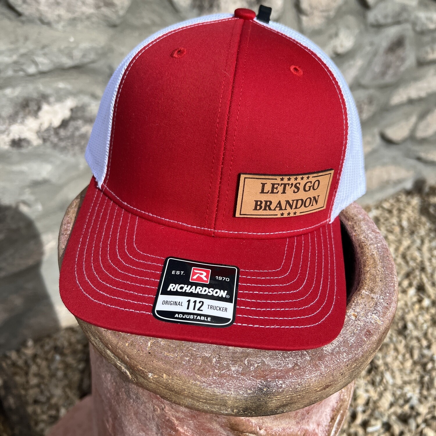Red/White Let's Go Brandon Leather Patch Richardson 112 Hat