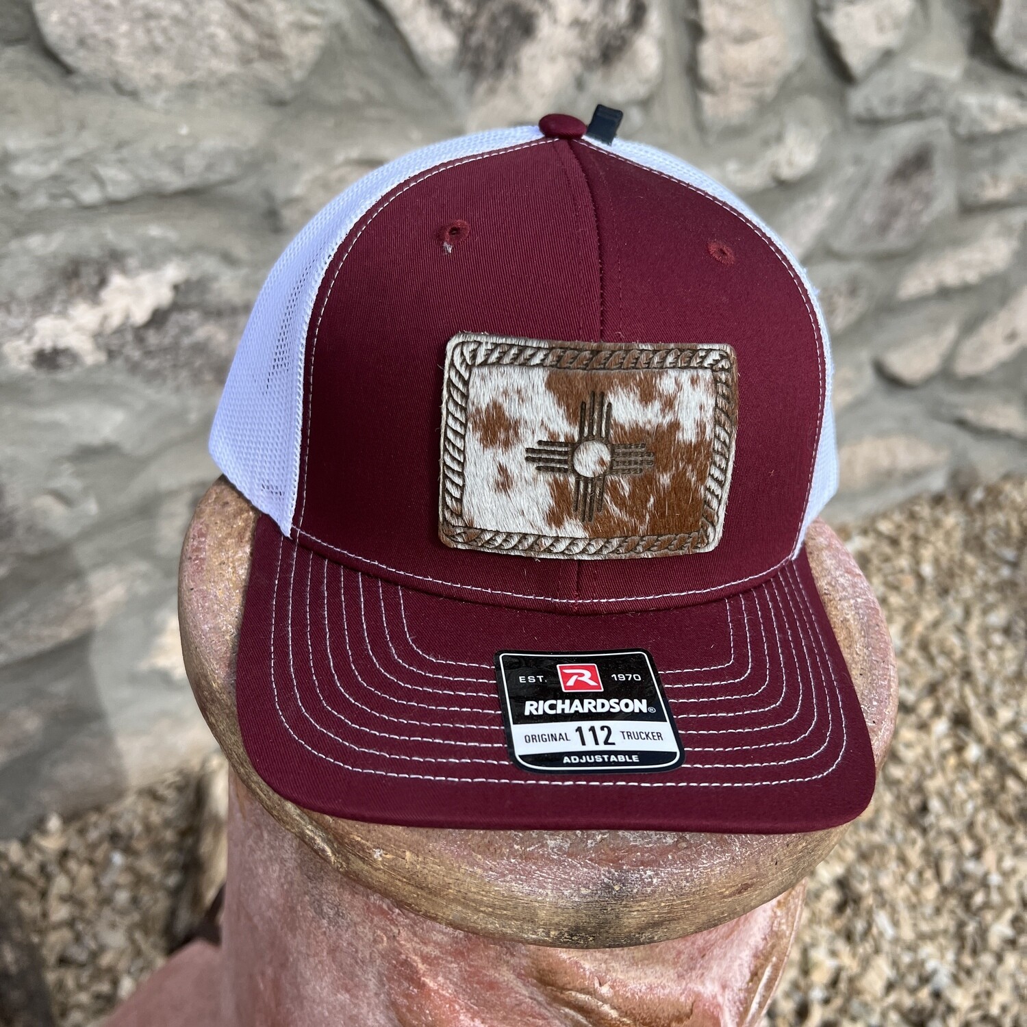 Richardson SnapBack 112 Crimson & White with Cowhide Zia Rope Patch