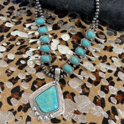 Turquoise Triangle Stone Squash Blossom Necklace