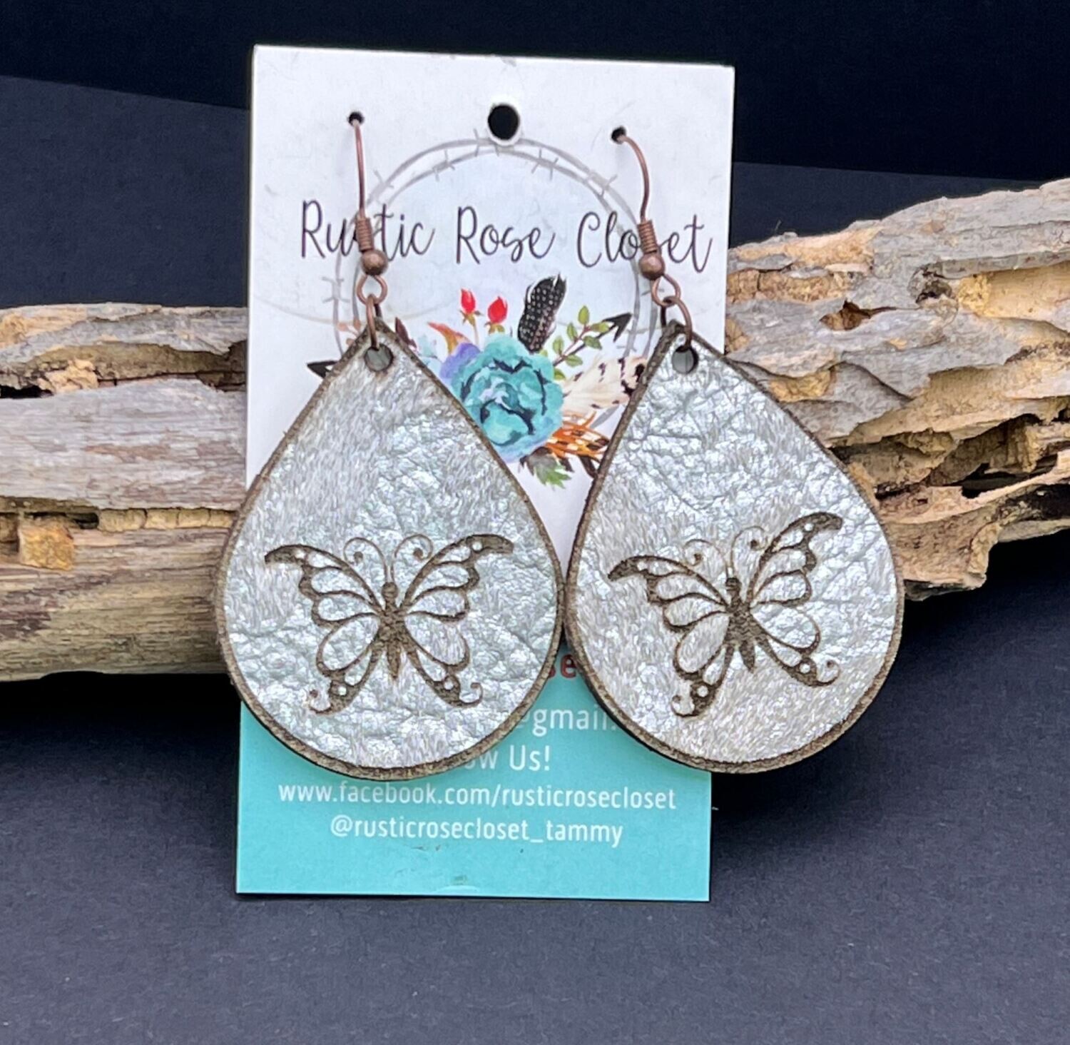 Cowhide Teardrop Earrings Engraved Butterfly Design - Engraved Butterfly