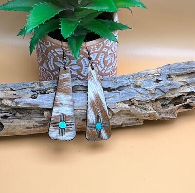 Cowhide Zia Engraved Drop Earrings with Teal Shimmer Center - Regular