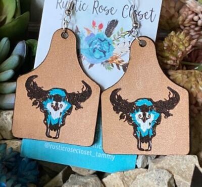 Leather Cow Skull Tag Hand-painted Earrings