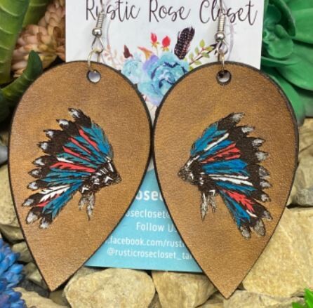 Leather Teardrops with Engraved Indian Hand Painted Head Dress