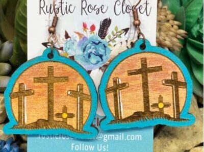 Three Crosses Wood Cut Earrings with Rose Gold Shimmer 