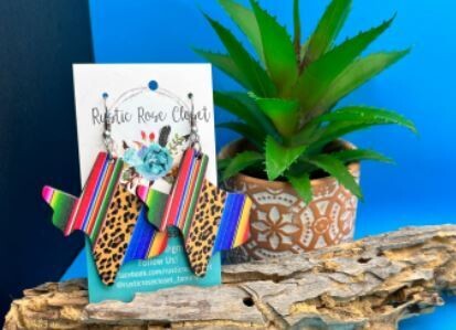 Wood Serape Leopard Texas Shape Earrings 