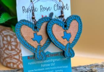 Wood Rope Heart with Texas Hand Painted Earrings - Regular