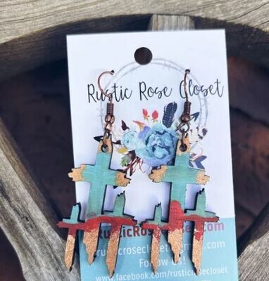 Turquoise, Copper & Red Three Crosses Wood Earrings 