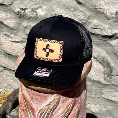 Richardson SnapBack 112 Gray Black Hat with Rectangle Zia Rope Cowhide Patch 