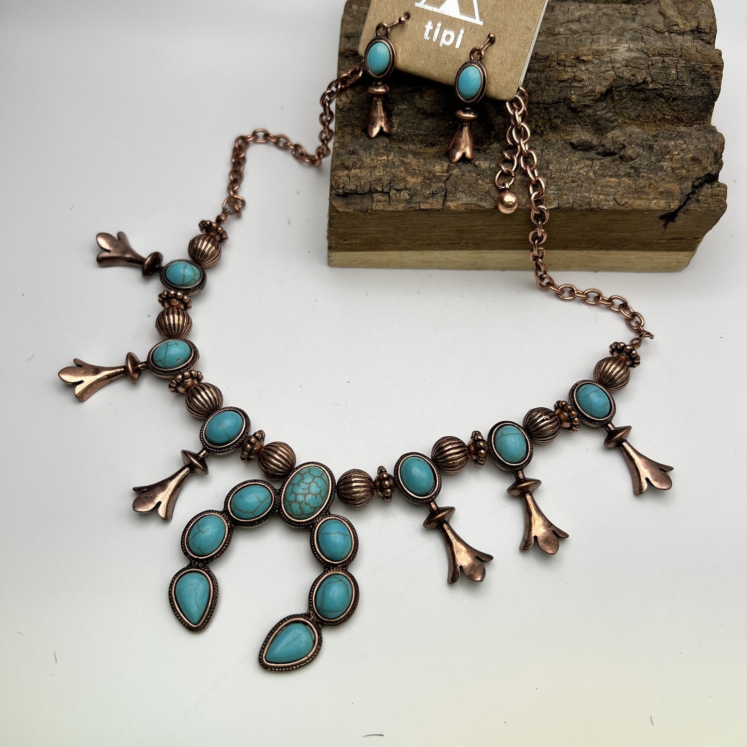 Burnished Copper & Turquoise Squash Blossom Necklace and Earring Set 